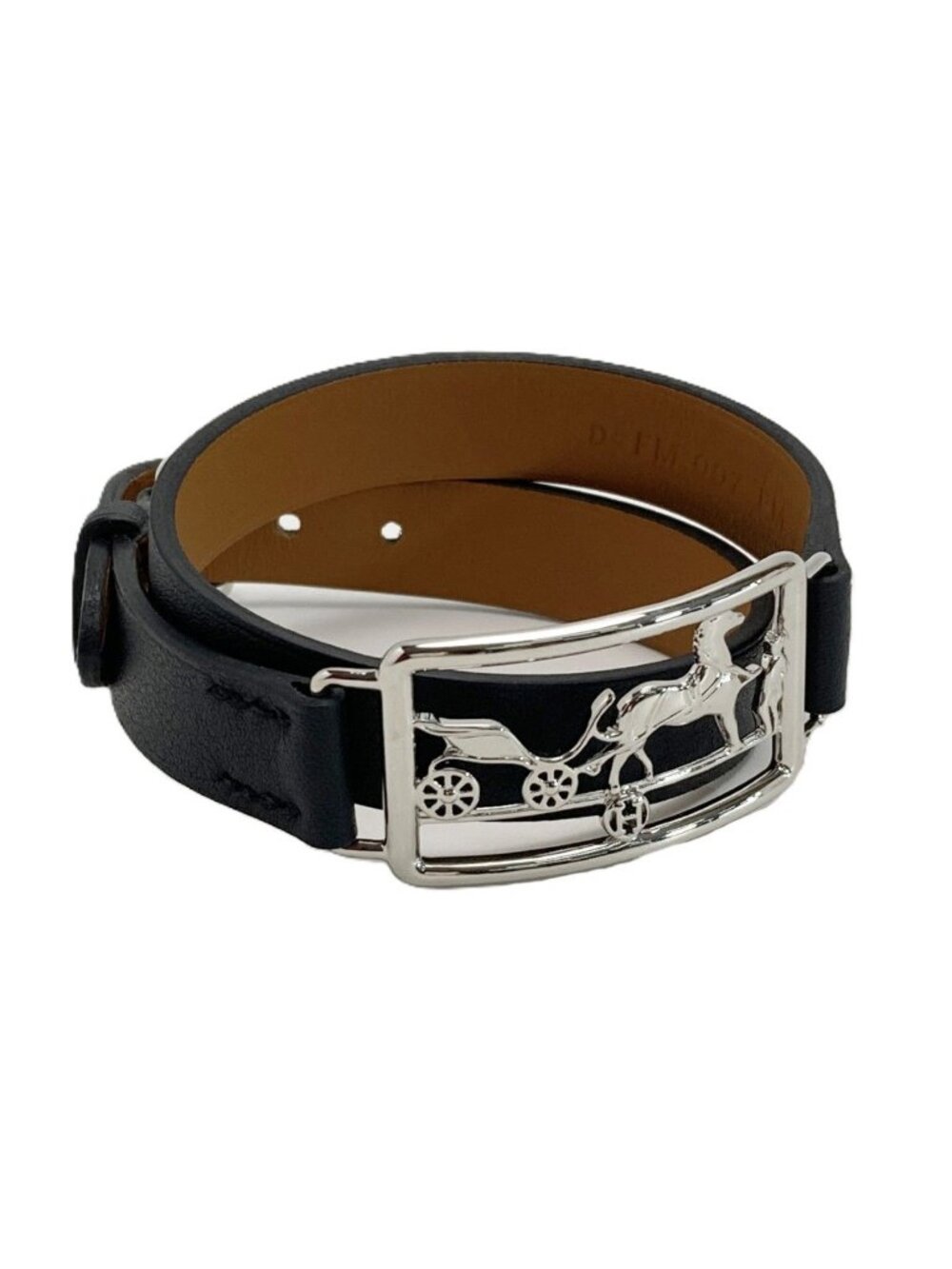 Hermes Caleche Double Tour Black Bracelet Leather Silver